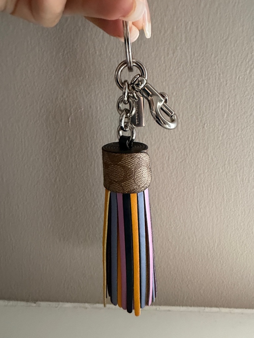 Coach Striped Leather Tassel Keychain with Metallic Top NWOT